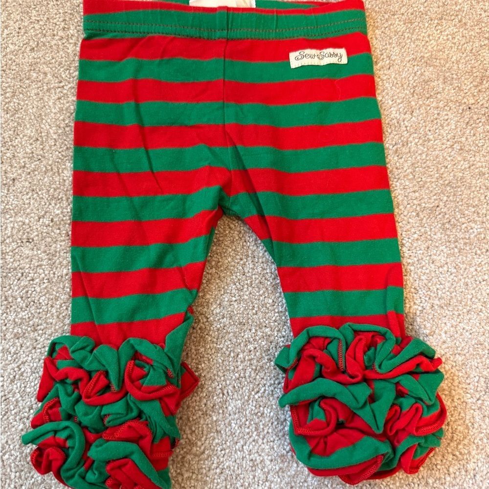 Sew Sassy Girls Baby 6 months Red and Green Striped Ruffles Leggings Holiday